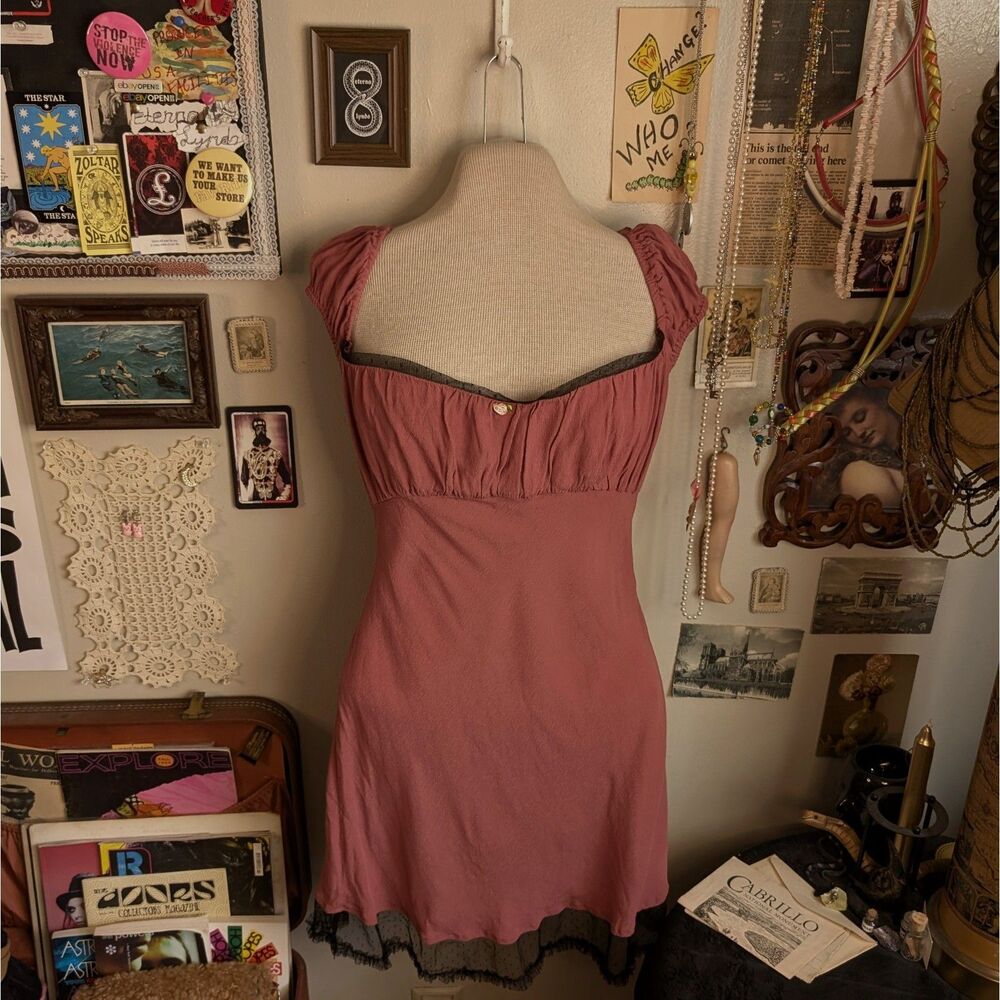 Cap Sleeve Lace Trim Mini Dress Women's Large Pink